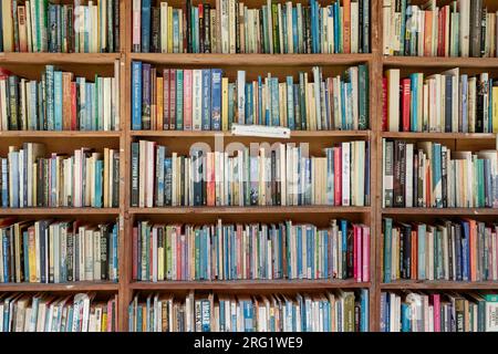 A bookcase with bookshelves of used second-hand books for sale in Hay-on-Wye, Powys, Wales, UK, Britain Stock Photo