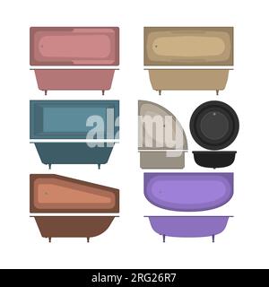Set of icons bathtubs and washbasins. Top view and side. Bathtubs of different style and shape. Isolated on white background. Vector illustration. Stock Vector