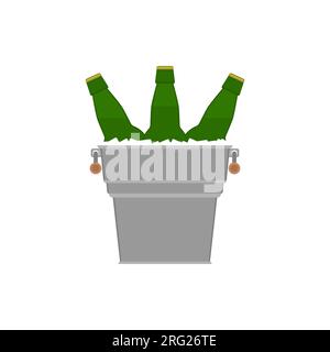 Glass bottles beer in a metal bucket with ice cubes. Vector illustration, clipart. Stock Vector