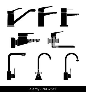 Set of black silhouettes faucets for bathroom and kitchen. Water tap icons. Isolated graphic vector illustration. Clipart and drawing. Stock Vector