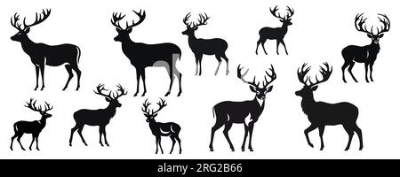 Set of wild deer silhouettes in flat style isolated on white background. Vector illustration Stock Vector