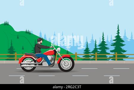 The motorcyclist slowly rides on the road to meet the wind. Vector Stock Vector