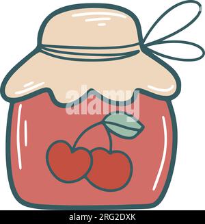 Hand drawn jar of cherry jam. Seasonal preservation, berry jam clip art. Cute glass jar autumn harvest, vector illustration Stock Vector