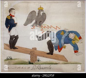 La bascule. Portrait de Napoleon Bonaparte (1769-1821) debout sur une planche a bascule, regardant son ennemi tomber, foudroye par un aigle couronne. Caricature.  Eau forte, debut 19e siecle, Stock Photo
