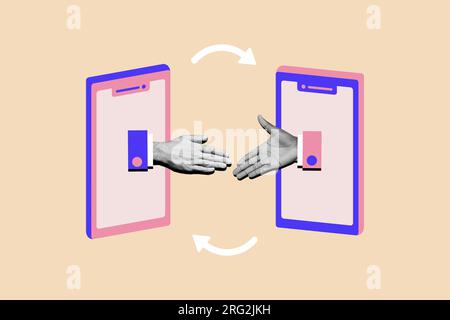 Composite collage of two persons handshake together online communication phone display between colleagues isolated on beige background Stock Photo