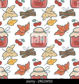 Autumn cherry jam seamless pattern. Background with berry jam, leaves and cinnamon. Cute fall print for textile, packaging and design, vector Stock Vector