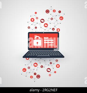Network Vulnerability, Locked Device, Encrypted File, Lost Document, Ransomware Attack - Virus, Malware, Fraud, Spam, Phishing, Email Scam - IT Securi Stock Vector