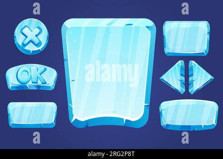 Set frozen ice frames, panels for game menu arows, buttons, ok sign in cartoon style isolated. Ui game design, app interface. Vector illustration Stock Vector