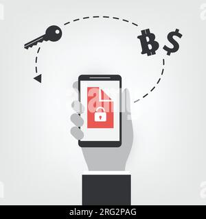 Locked Mobile Device, Valuable Business Data Lost, Ransomware Attack - Virus Infection, Malware, Fraud, Spam, Phishing, Email Scam, Hacking - IT Secur Stock Vector