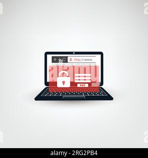 Unsafe Online Browsing - Locked Device, Encrypted Files, Lost Documents, Global Ransomware Attack - Virus Infection, Malware, Fraud, Spam, Phishing, E Stock Vector
