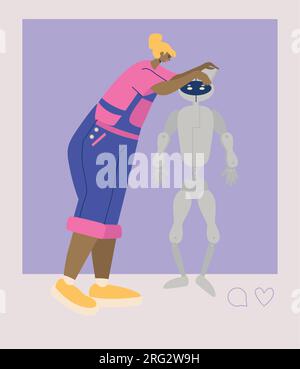 Female engineer working on robot construction social media post vector illustration. Stock Vector
