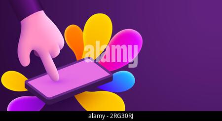 Cute cartoon hand touch mobile smartphone with color explosion. Touching screen with finger. Vector illustration Stock Vector