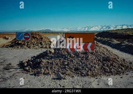 Road repair in the mountains, beautiful high-altitude landscape Stock Photo