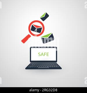 Safe Computing, Virus Protection, Cleaning, Eliminating Malware, Ransomware, Fraud, Spam, Phishing, Email Scam, Hacker Attack and Damage - IT Security Stock Vector