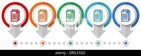 Document, file, copy vector icon set, flat design infographic template, set pointer concept icons in 5 color options for webdesign and mobile applicat Stock Vector