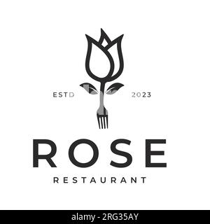 Rose Flower Inspiration with Fork And Restaurant Logo Design Vintage Retro Logo Design illustration Stock Vector
