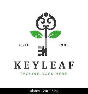 Royal Antique Key Old Inspiration with green leaf Retro Vintage Logo design Stock Vector