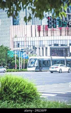 Chinese streets, transportation, tram and station Stock Photo