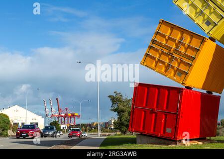 Containbow - a rainbow arch shipping container sculpture installation by Marcus Canning. Stock Photo