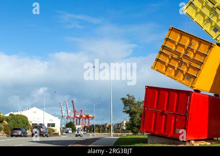 Containbow - a rainbow arch shipping container sculpture installation by Marcus Canning. Stock Photo