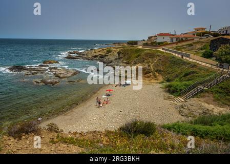 Platja d'en Robert beach, near the town of Port de la Selva, north of Cap de Creus cape and the Costa Brava coast, Alt Empordà Girona, Catalonia Spain Stock Photo