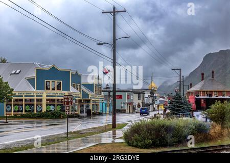 Broadway in Skagway, Alaska on a rainy day. Stock Photo