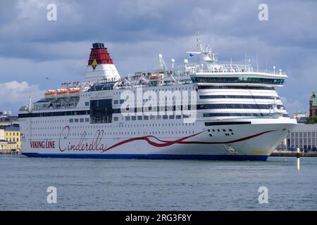 Helsinki / Finland - JULY 28, 2023. MV Viking Cinderella, operated by Viking Line, leaves from the Katajanokka commercial port. Stock Photo