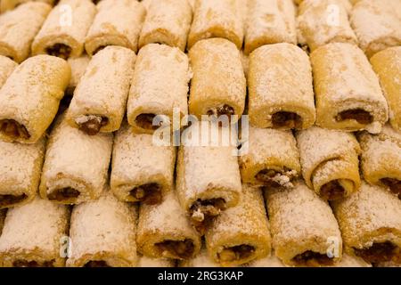 Close up roll homemade apple pie dessert. Homemade sweet food concept background. Stock Photo