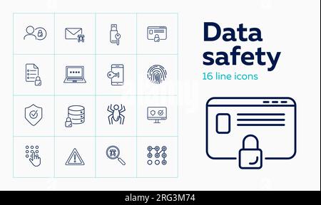 Data safety line icon set. Spider, fingerprint Stock Vector