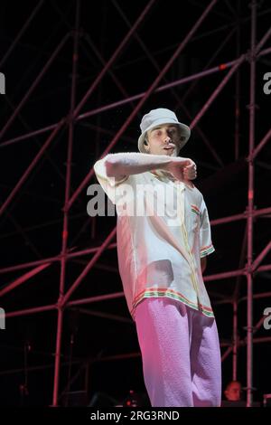 Italian rapper Mattia Balardi, aka Mr. Rain, on stage with “Superheroes ...