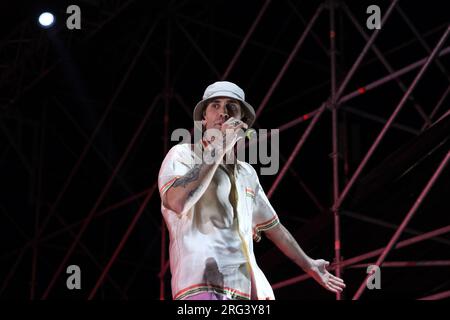 Pescara, Italy. 06th Aug, 2023. Italian rapper Mattia Balardi, aka Mr. Rain, performs in concert with his 'Supereroi Summer Tour 2023' during the Zoo Music Fest at Tourist harbour Marina di Pescara. Credit: SOPA Images Limited/Alamy Live News Stock Photo