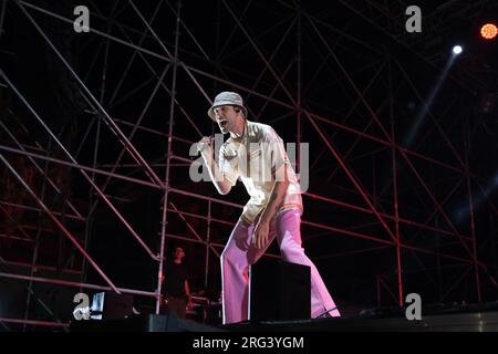 Pescara, Italy. 06th Aug, 2023. Italian rapper Mattia Balardi, aka Mr. Rain, performs in concert with his 'Supereroi Summer Tour 2023' during the Zoo Music Fest at Tourist harbour Marina di Pescara. Credit: SOPA Images Limited/Alamy Live News Stock Photo