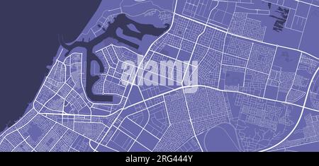Detailed vector map poster of Ajman city administrative area. Purple skyline panorama. Decorative graphic tourist map of Ajman territory. Royalty free Stock Vector