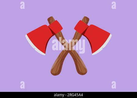 Cartoon flat style drawing two lumberjack axes crossed icon. Crossed axe isolated on blue background. Design element for logo, label, emblem, sign, po Stock Photo
