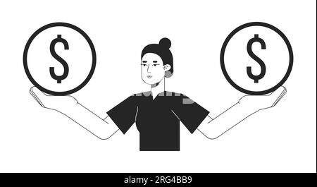 Cute asian woman holding coins on hands flat line black white vector character Stock Vector