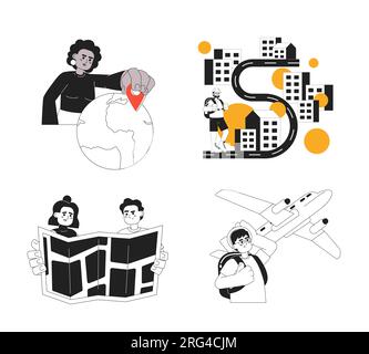 Tourists travelling 2D vector monochrome isolated spot illustrations set Stock Vector