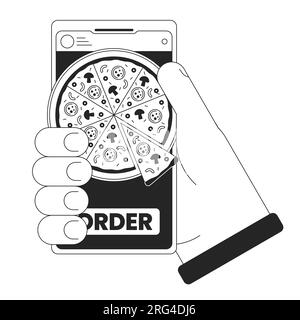 Ordering pizza by smartphone bw concept vector spot illustration Stock Vector