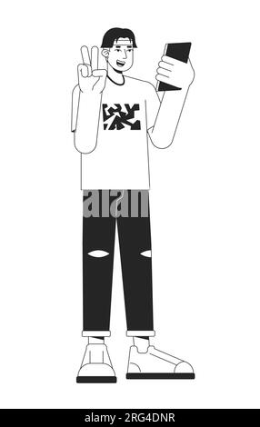 Cheerful asian man using gadget flat line black white vector character Stock Vector