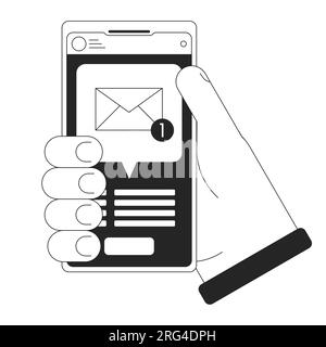 Holding smartphone with new message bw concept vector spot illustration Stock Vector