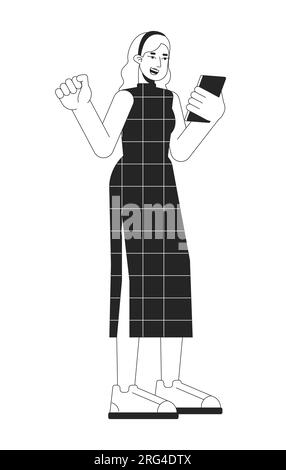 Happy caucasian woman with smartphone flat line black white vector character Stock Vector