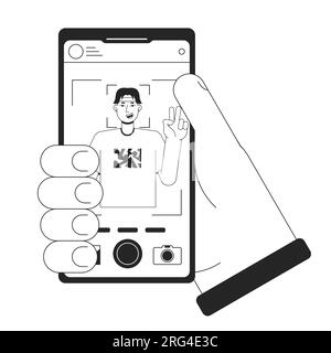 Holding smartphone with photo bw concept vector spot illustration Stock Vector