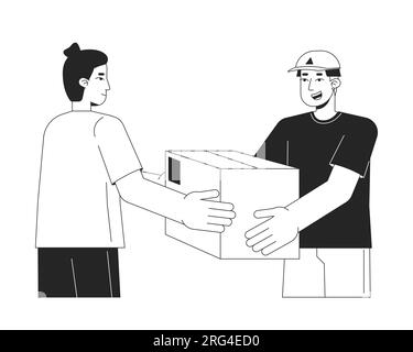 Delivery man giving package to man flat line black white vector characters Stock Vector