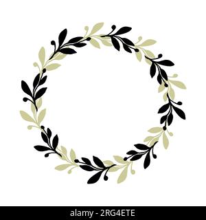 Floral branch hand drawn silhouette circle wreath, vector illustration frame for card or invitations, isolate on white background Stock Vector