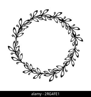 Floral branch hand drawn circle wreath, vector illustration frame for card or invitations, isolate on white background Stock Vector