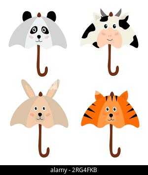 Collection of animalistic umbrellas. Pictures for children. Accessories with animals. Rabbit, tiger, panda, cow. Graphic elements. Flat vector Stock Vector