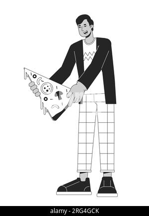 Happy man holding pizza slice flat line black white vector character Stock Vector