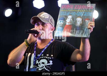 IVANO-FRANKIVSK, UKRAINE - AUGUST 5, 2023 - Items are being auctioned off during a charity concert of the Braty Hadiukiny rock band in support of the Stock Photo