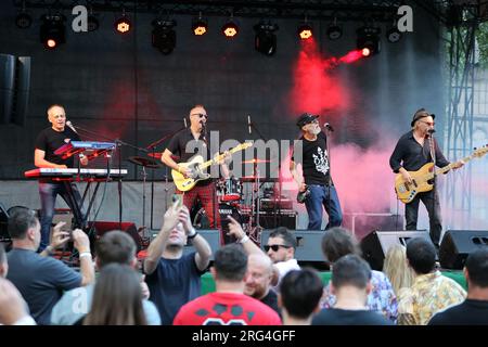 IVANO-FRANKIVSK, UKRAINE - AUGUST 5, 2023 - Members of the Braty Hadiukiny rock band hold a charity concert in support of the Armed Forces of Ukraine Stock Photo