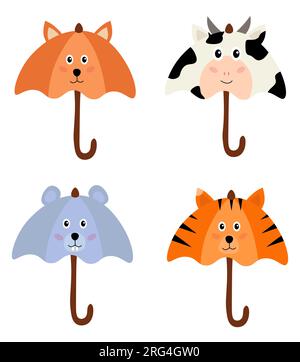 Collection of animalistic umbrellas. Pictures for children. Accessories with animals. Fox, mouse, tiger, cow. Graphic elements. Flat vector illustrati Stock Vector