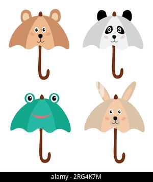 Collection of animalistic umbrellas. Pictures for children. Accessories with animals. Rabbit, bear, frog, panda. Graphic elements. Flat vector Stock Vector